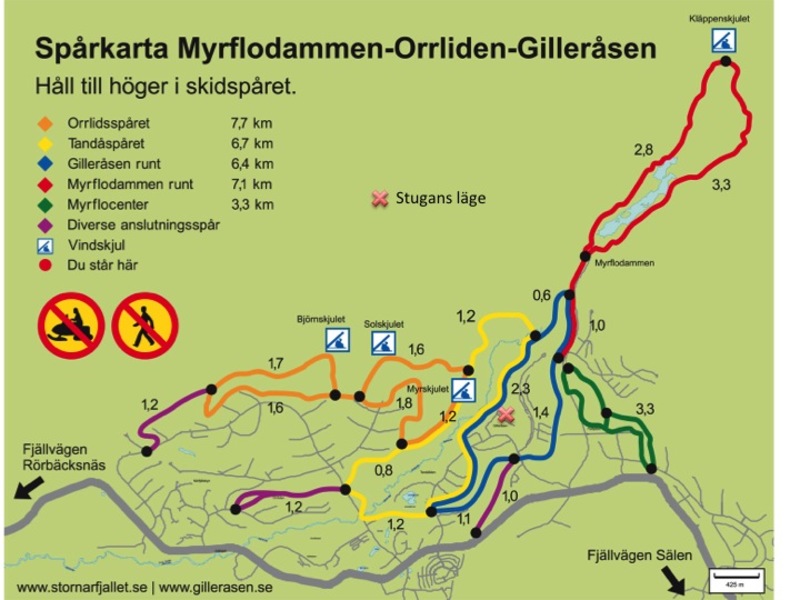 Längdspårskarta, stugan är markerad med ett X